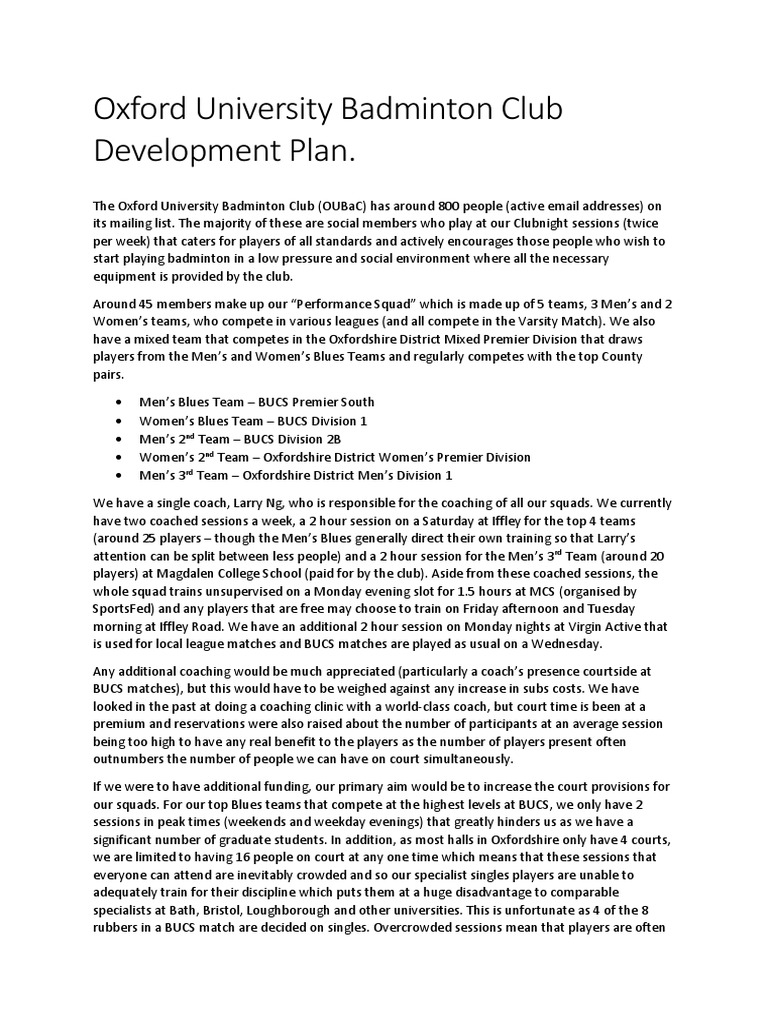 Oxford University Badminton Club Development Plan.: ND ND RD | PDF ...