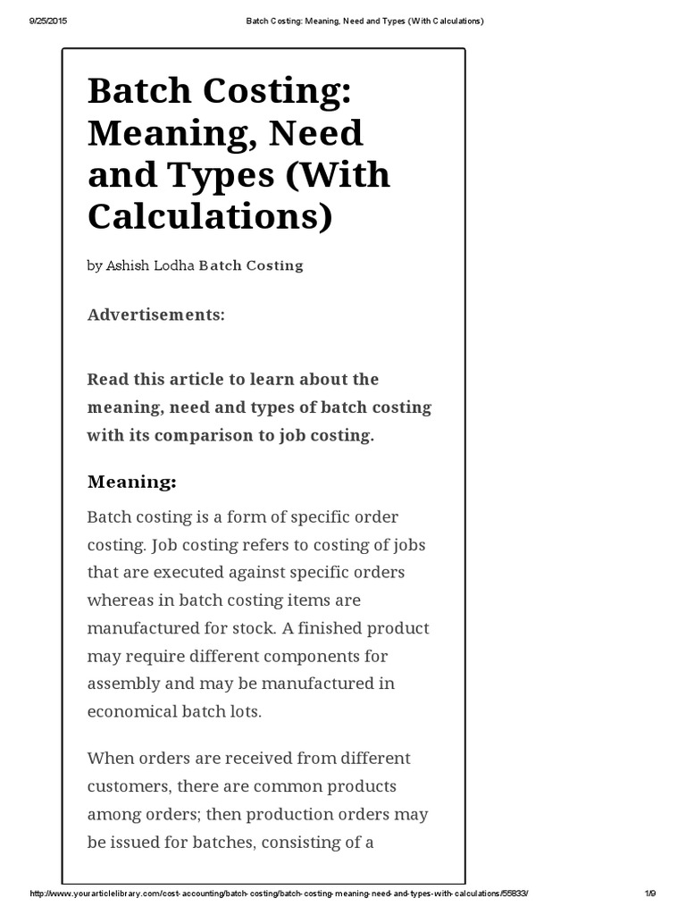 Batch Costing - Meaning, Need and Types (With Calculations) | PDF ...