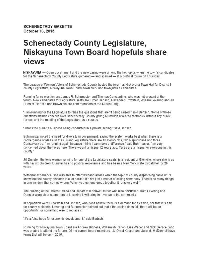 10/16/15 Schenectady Gazette Coverage of Niskayuna Town Board Race