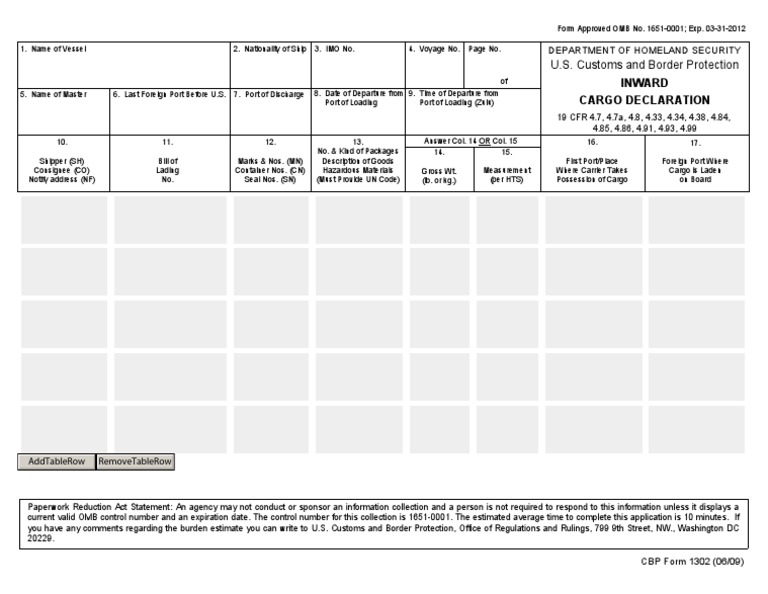 Inward Cargo Declaration - CBP Form 1302 | PDF | U.S. Customs And ...