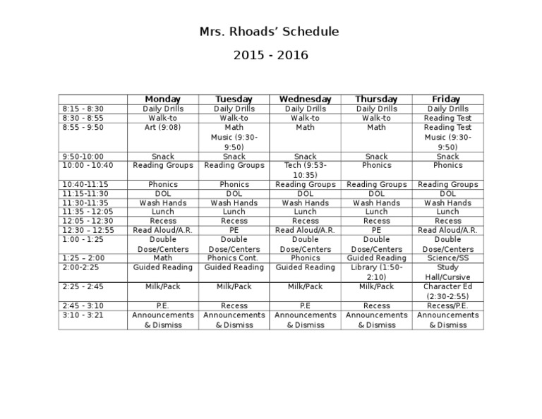 Mrs. Rhoads' Classroom Schedule | PDF | Language Arts & Discipline ...