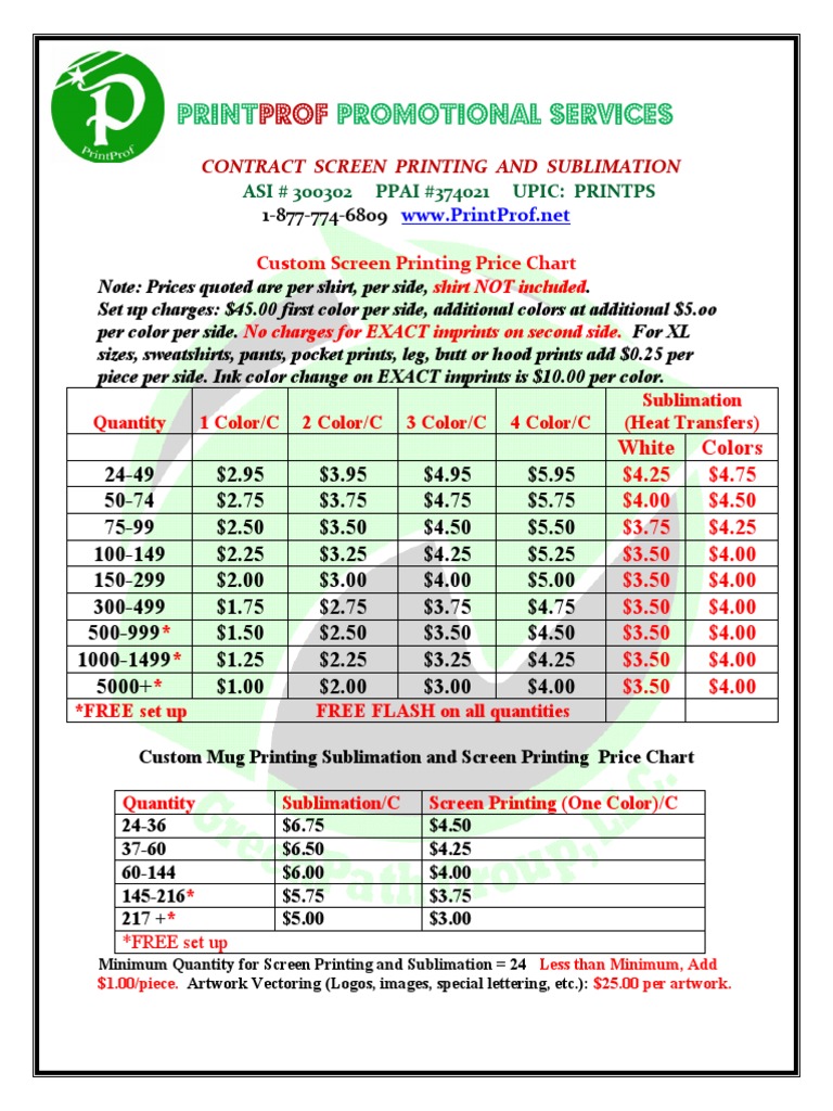 Screen Printing Price Chart PDF