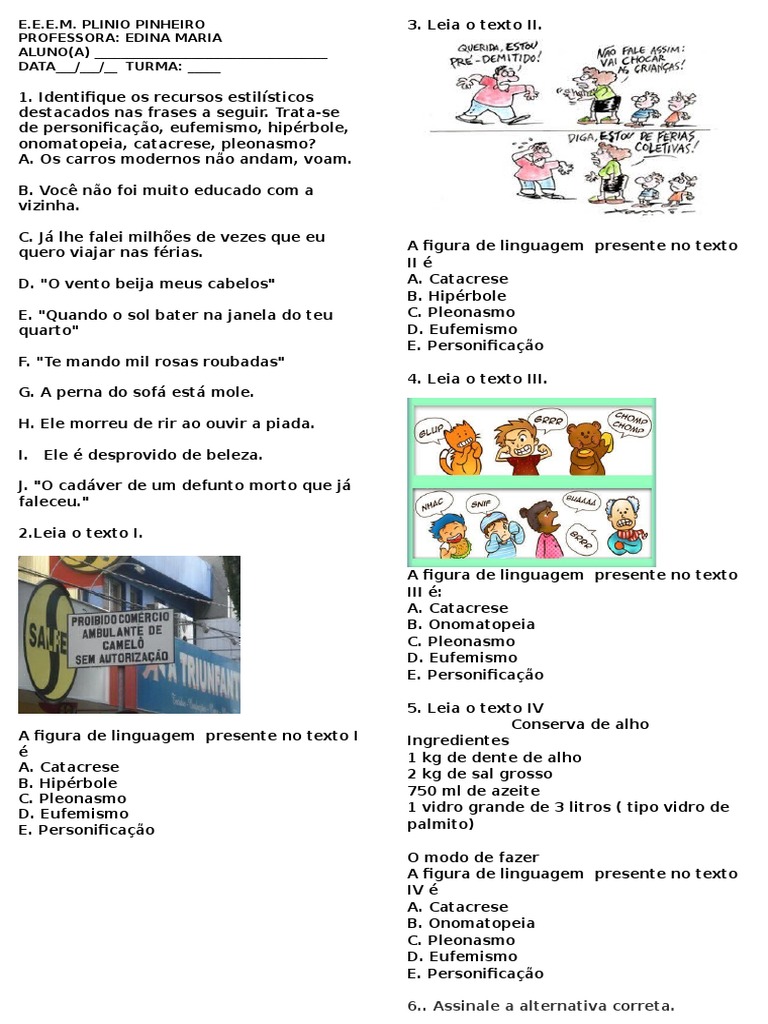Atividades de Figuras de Linguagem 6º Ano | PDF | Técnicas de retórica ...