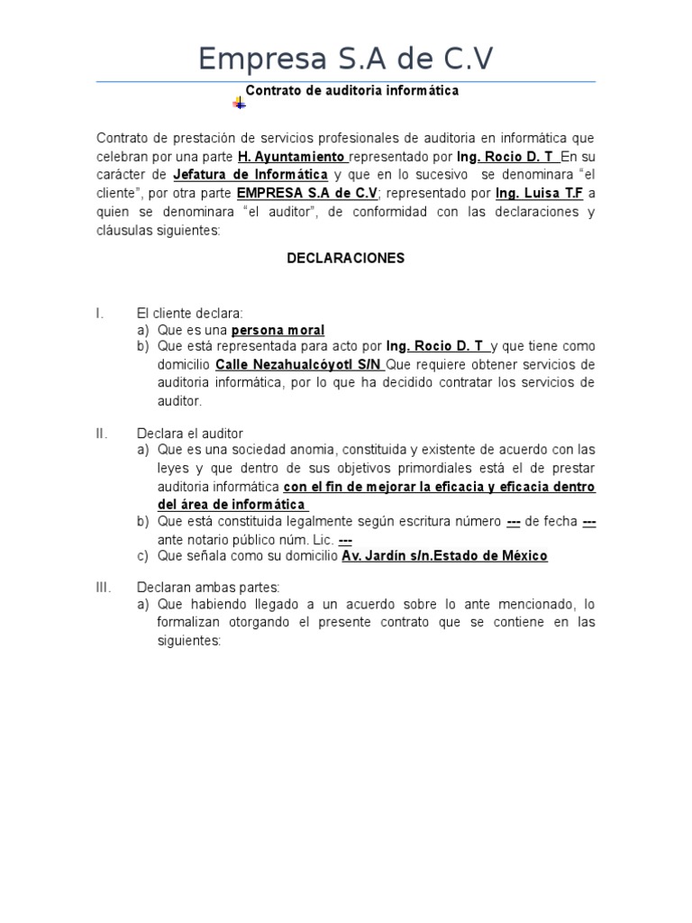 Contrato de Auditoria en Informática Ejemplo | PDF | Contralor | Derecho  laboral