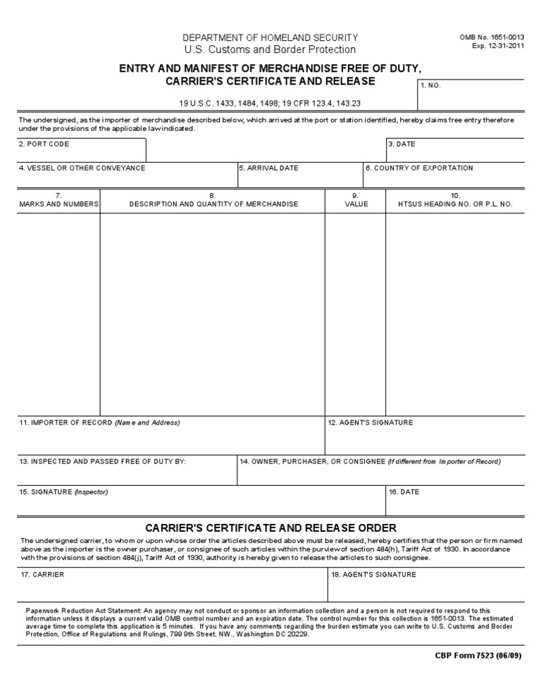 U.S. Customs Form: CBP Form 7523 - Entry and Manifest of Merchandise ...