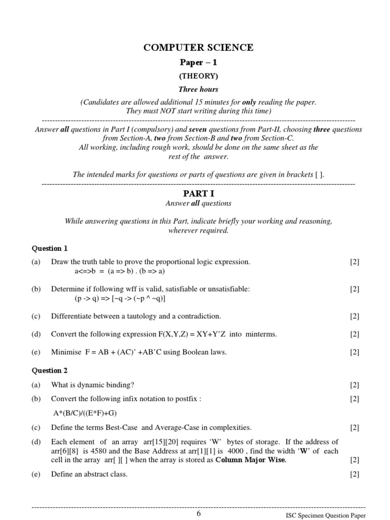 ISC Computer Science Specimen Paper | PDF | Method (Computer ...
