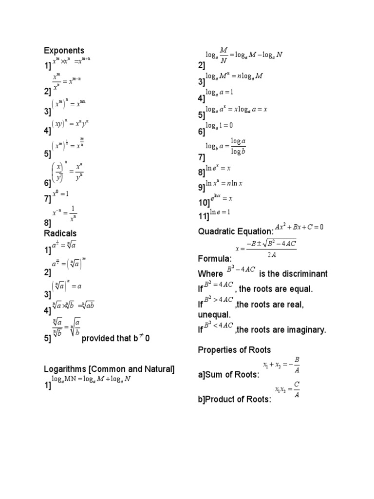 Exponents and Quadratic Formulas | PDF | Teaching Methods & Materials