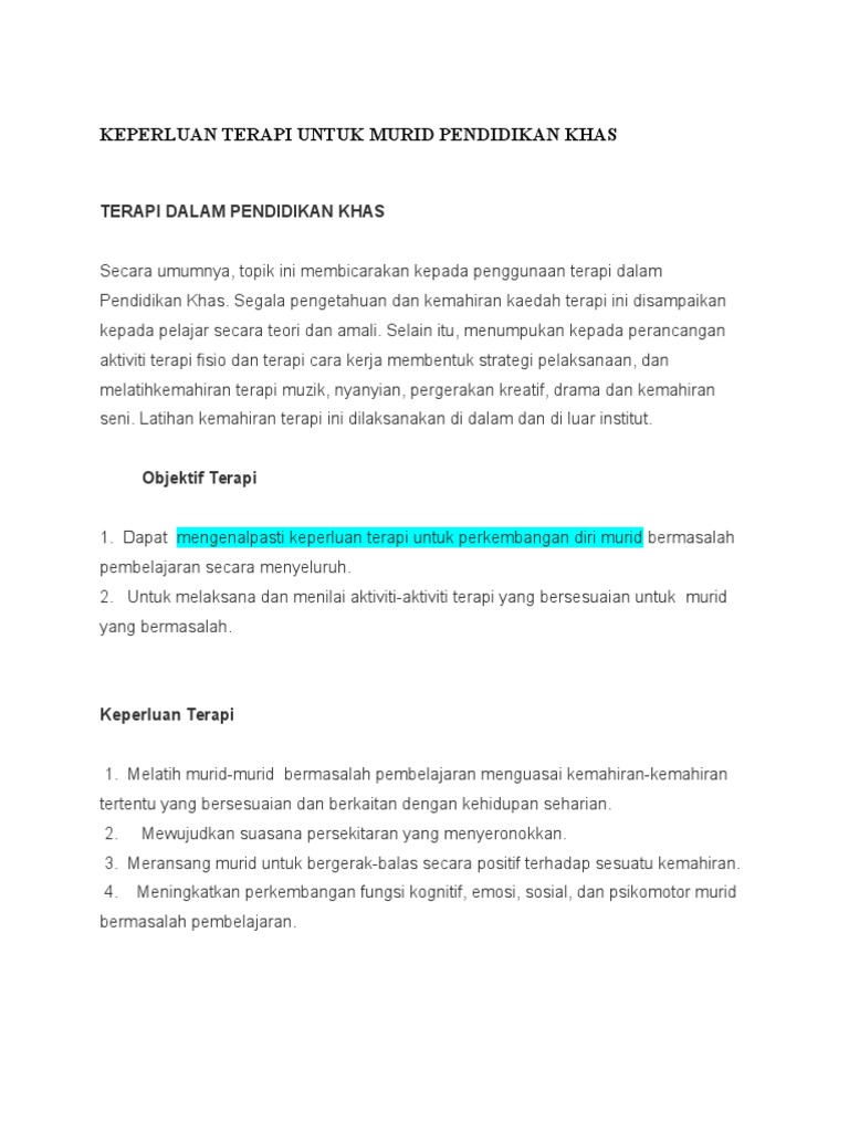 Keperluan Terapi Untuk Murid Pendidikan Khas Pdf