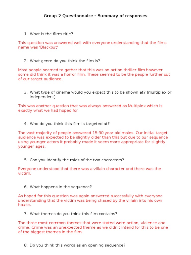 Group 2 Film Feedback Summary | PDF | Question | Leisure