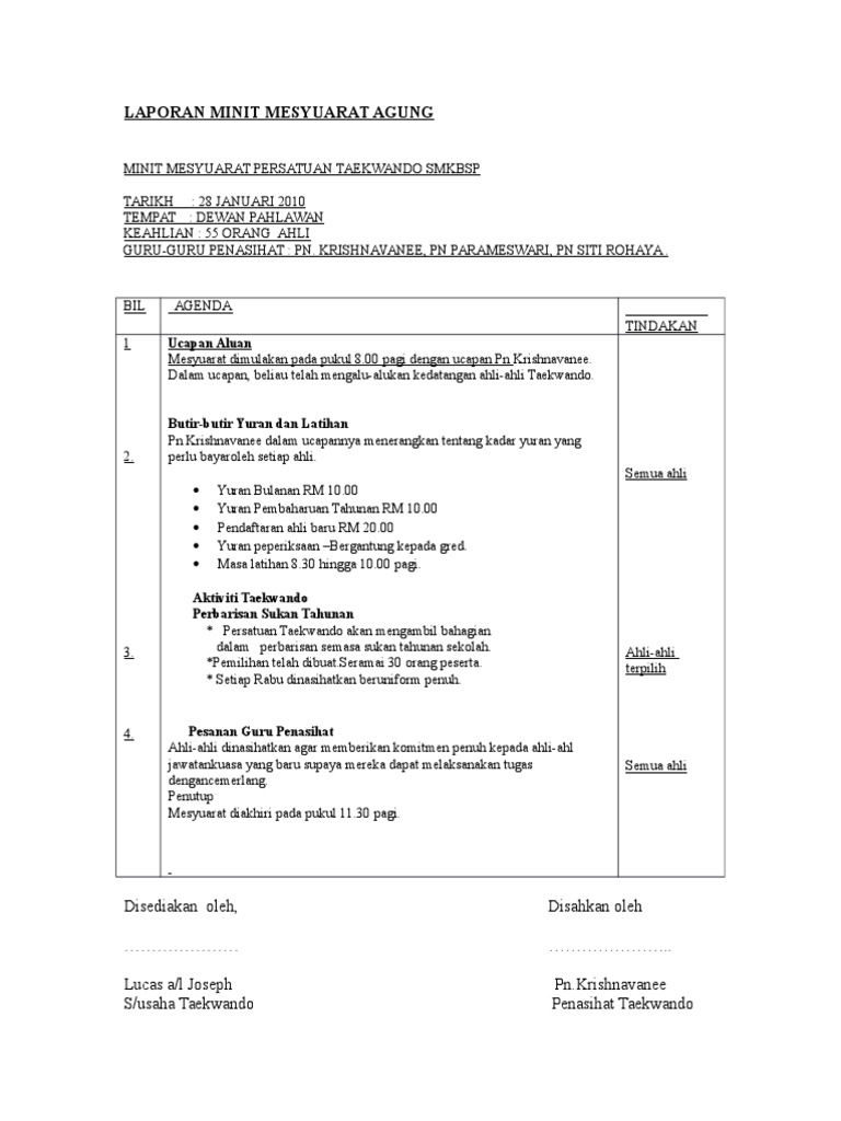 Laporan Minit Mesyuarat Agung Taekwondo Pdf
