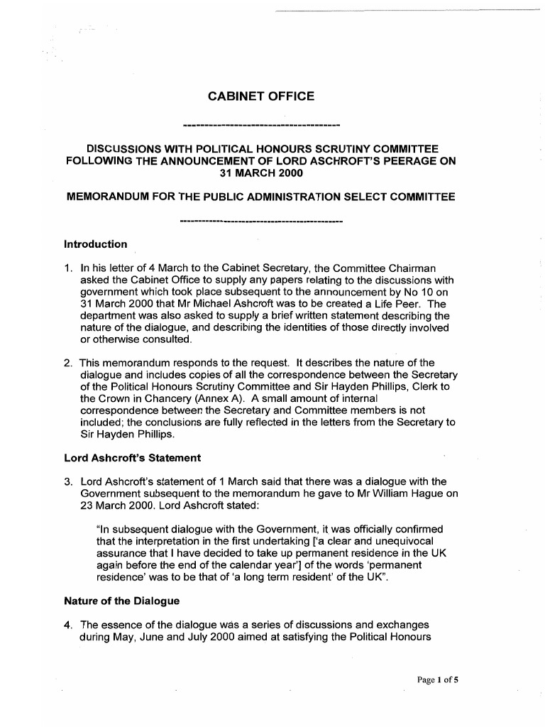 Office Memorandum on Lord Ashcroft House Of Lords Letters