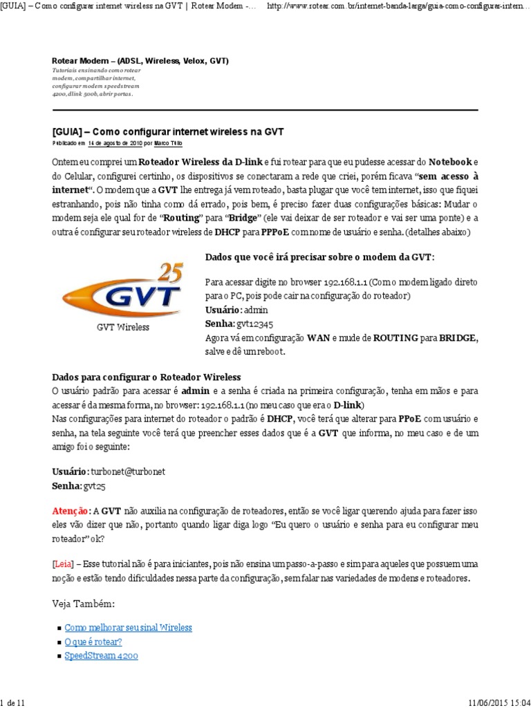 Configuração de Internet Wireless GVT | PDF | Roteador (informática ...