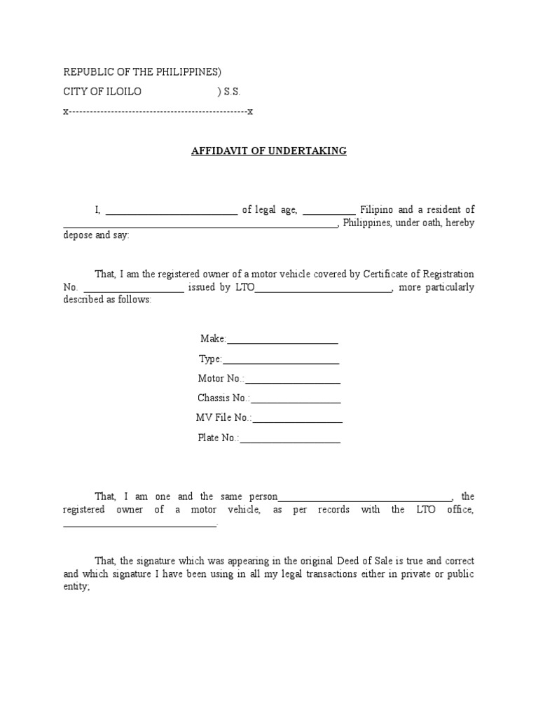 Affidavit of Undertaking Affidavit Document
