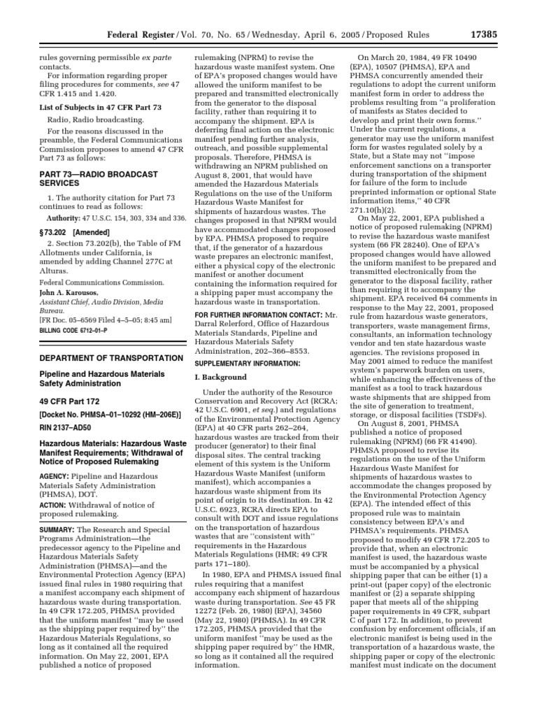 Proposed Rule Hazardous Materials Hazardous Materials Transportation— Hazardous Waste Manifest