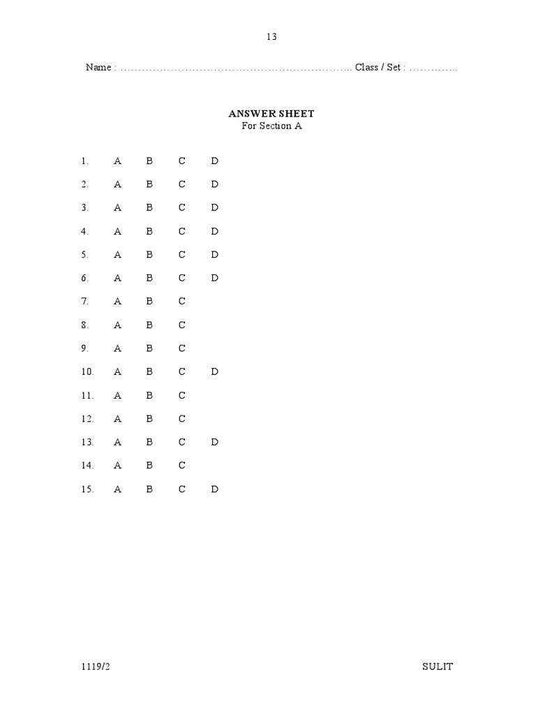 Section A Answer Sheet Template | PDF