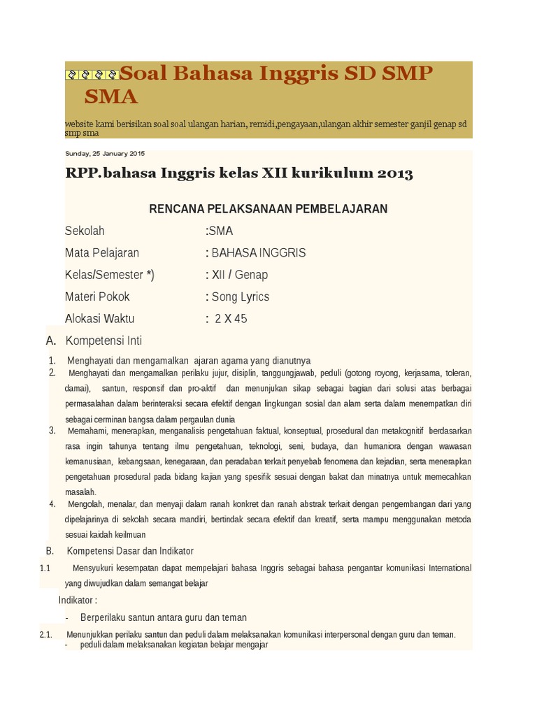 Rpp Bahasa Inggris Kelas Xii Kurikulum 2013