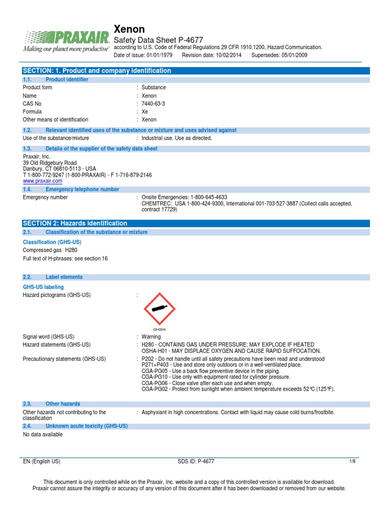 Xenon Gas Xe Safety Data Sheet SDS P4677 Firefighting Firefighter