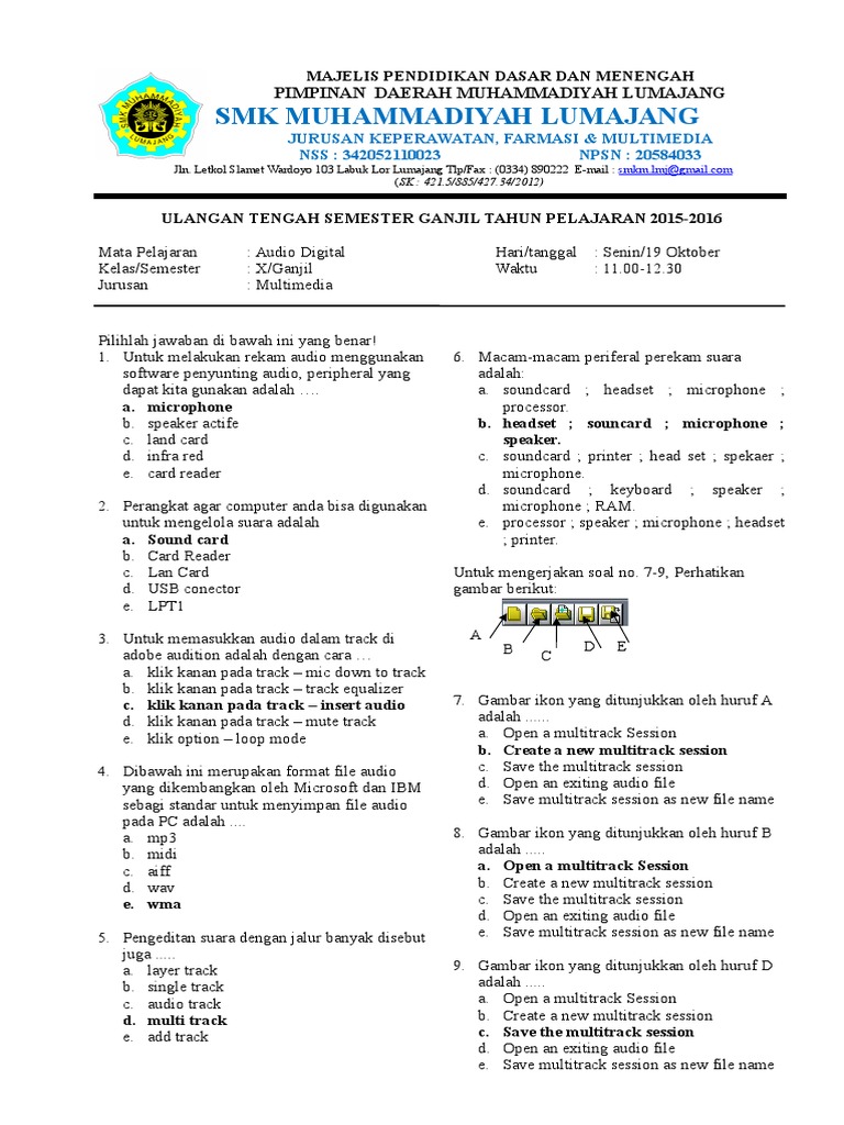 Soal Uts Pilihan Ganda Smk Multimedia Materi Audio Pdf
