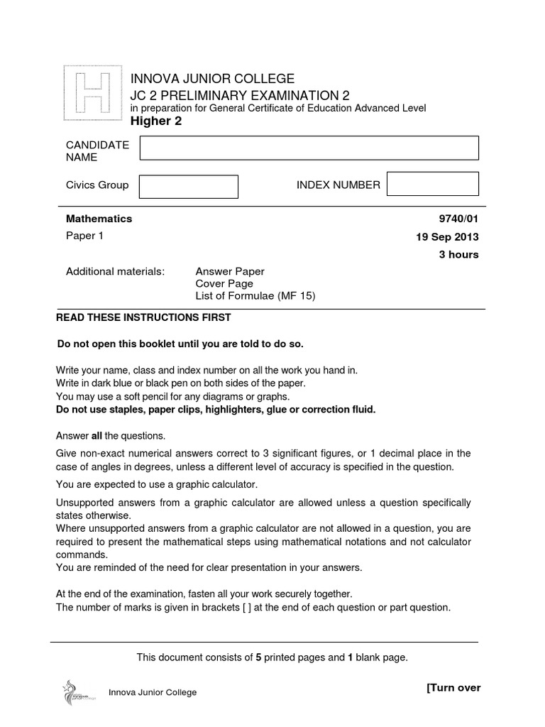 JC2 Mathematics Preliminary Exam 2013 | PDF | Cartesian Coordinate ...