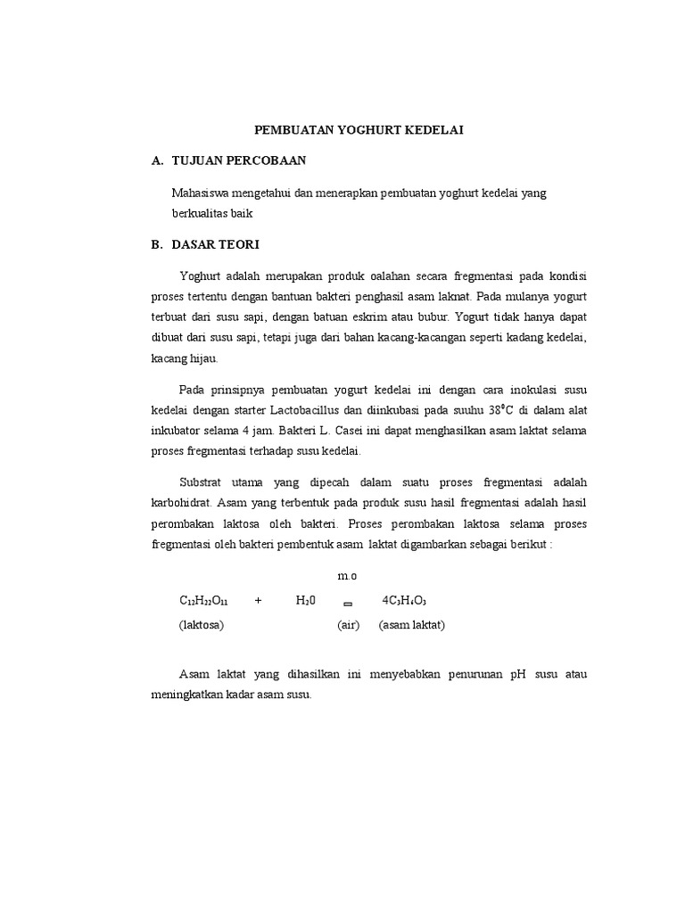 Laporan Tetap Pembuatan Yogurt Kedelai