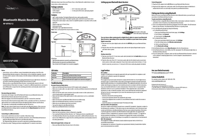 RocketFish Bluetooth Receiver RFBTR212 Download Free PDF