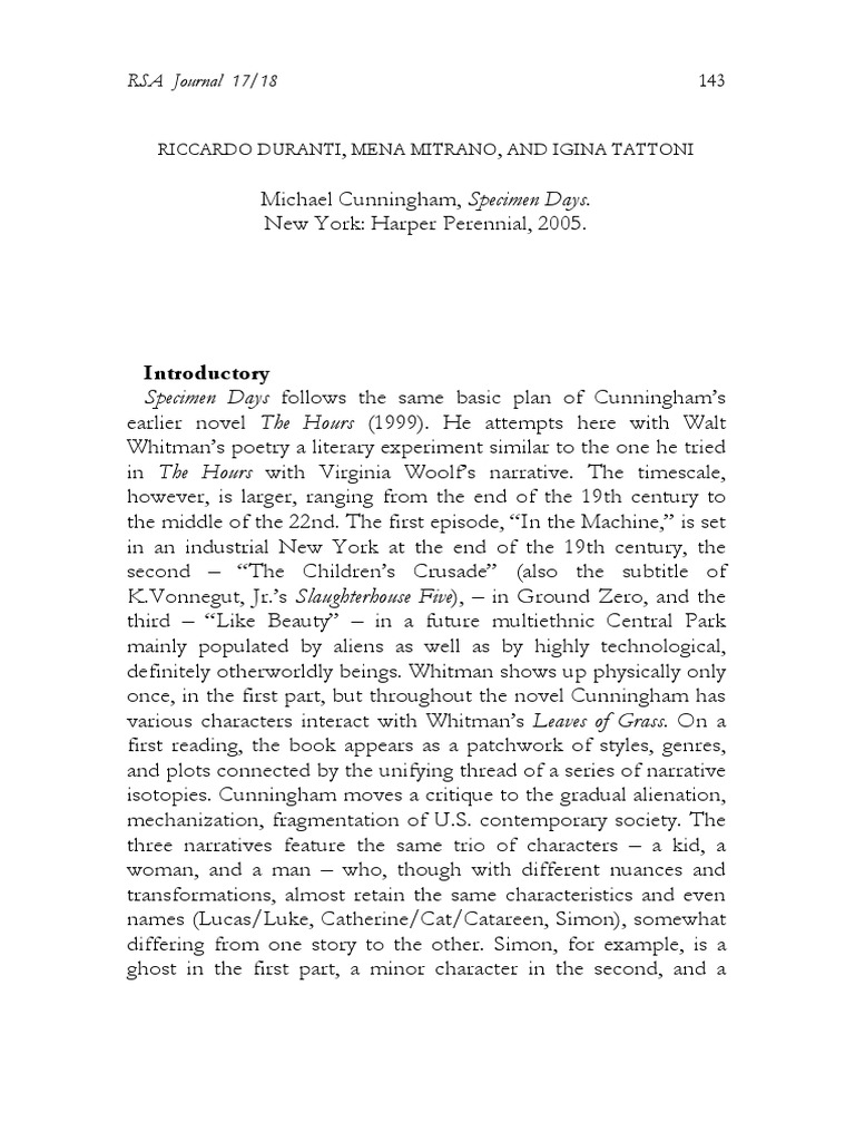 Introductory Specimen Days Follows The Same Basic Plan of Cunningham's