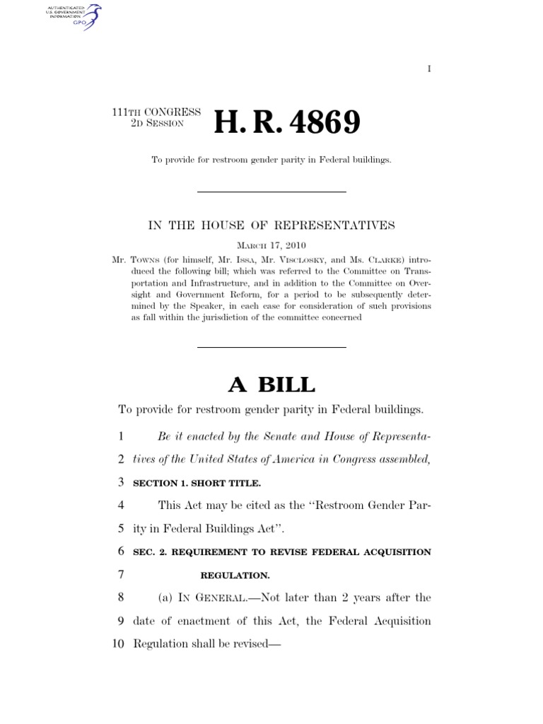 Potty Parity Bill United States House Of Representatives Statutory Law