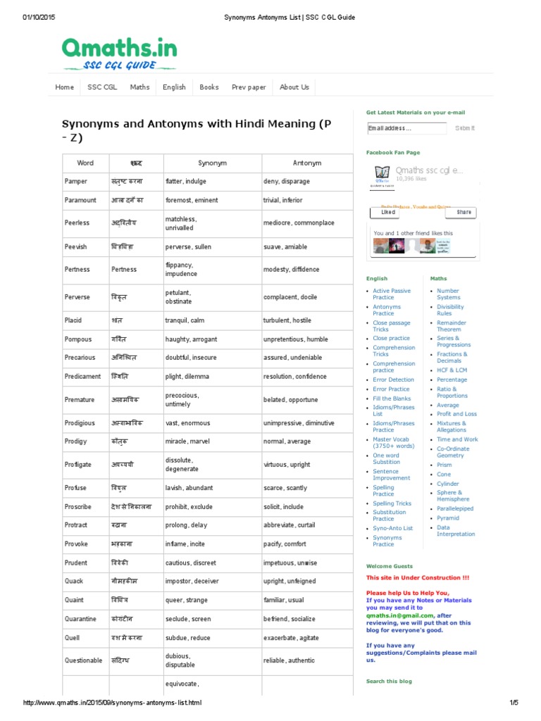 Synonyms and Antonyms List for English Language, Download Synonyms and  Antonyms PDF for SSC
