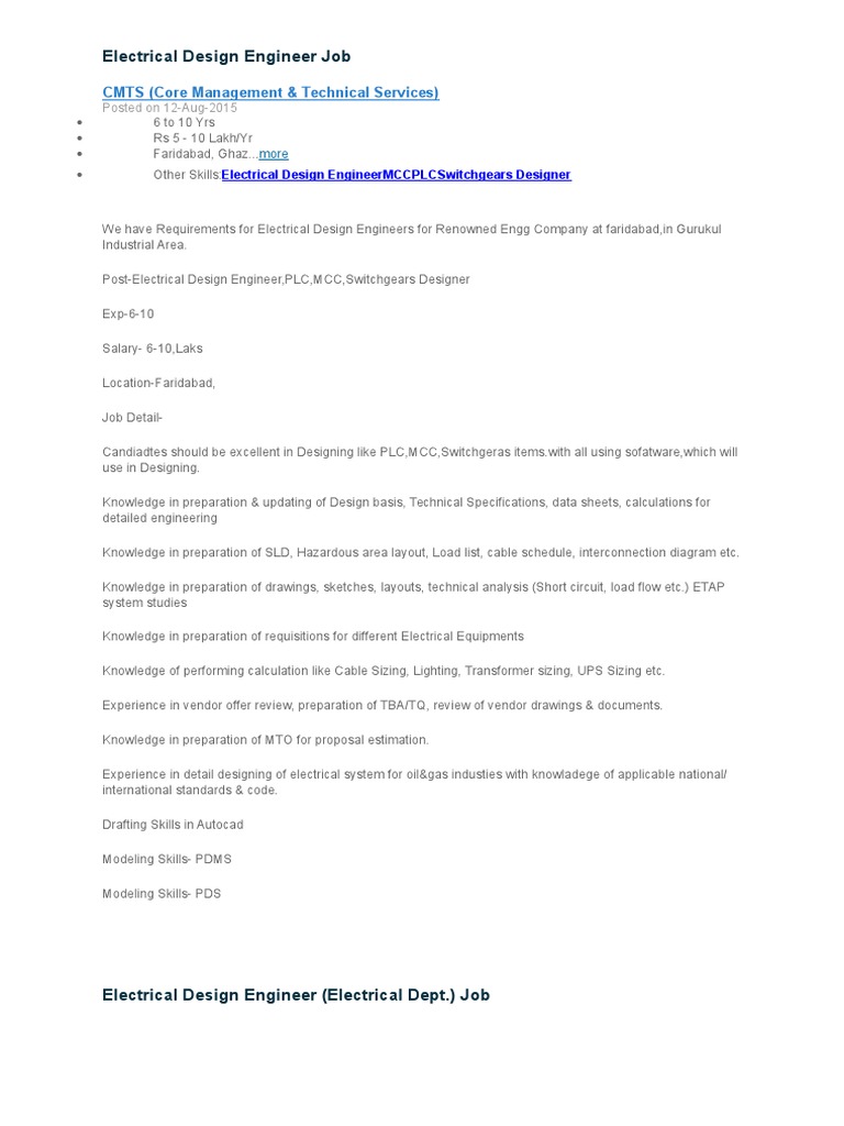 Electrical Design Engineer Job CMTS (Core Management & Technical Services) PDF Electrical