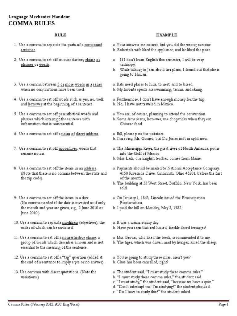 Comma Rules and Practice Worksheet | PDF | Comma | Sentence (Linguistics)
