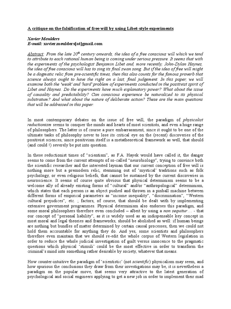 Critique of Free Will in Libet Experiments | PDF | Causality | Free Will