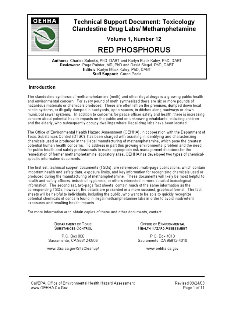 TSD Red Phosphorus Meth Labs 10'8'03 Phosphorus Occupational Hygiene
