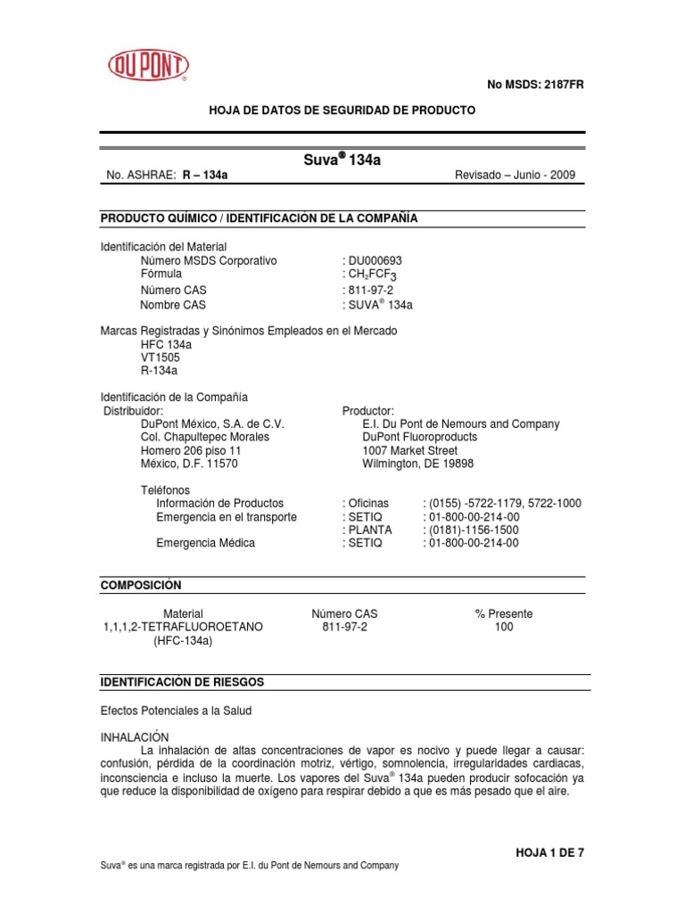 Msds Suva (R) 134a | PDF | Oxígeno | Atmósfera de tierra