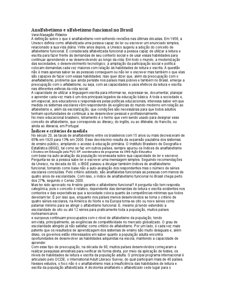 Analfabetismo E Alfabetismo Funcional No Brasil Download Grátis Pdf
