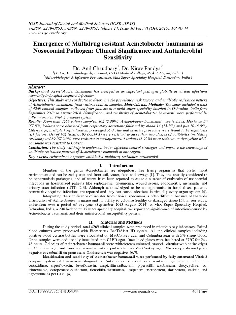 Emergence of Multidrug resistant baumannii as