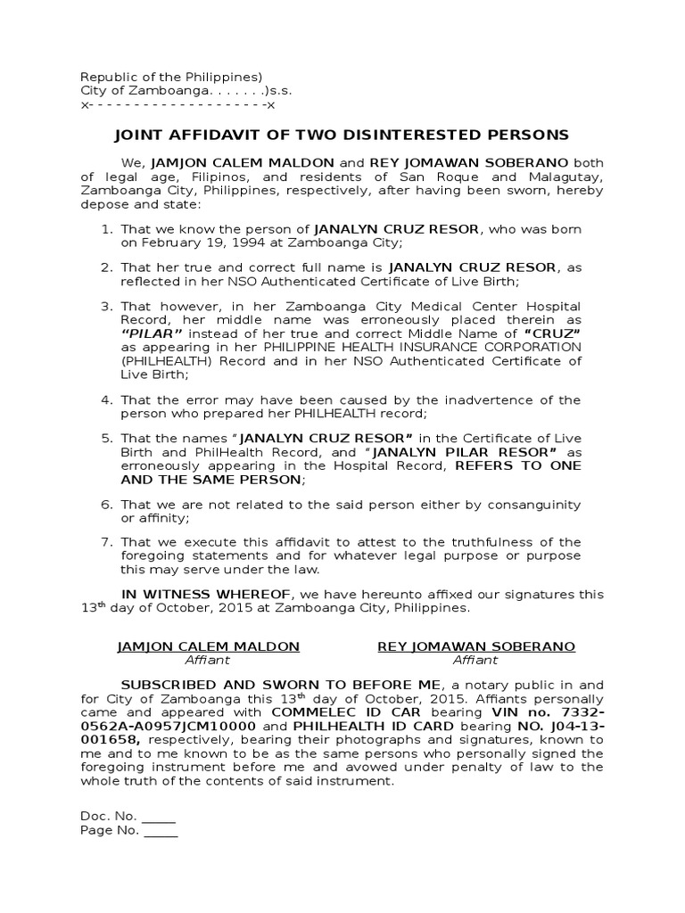 Joint Affidavit of Two Disinterested Person - First Name | Affidavit | Notary Public