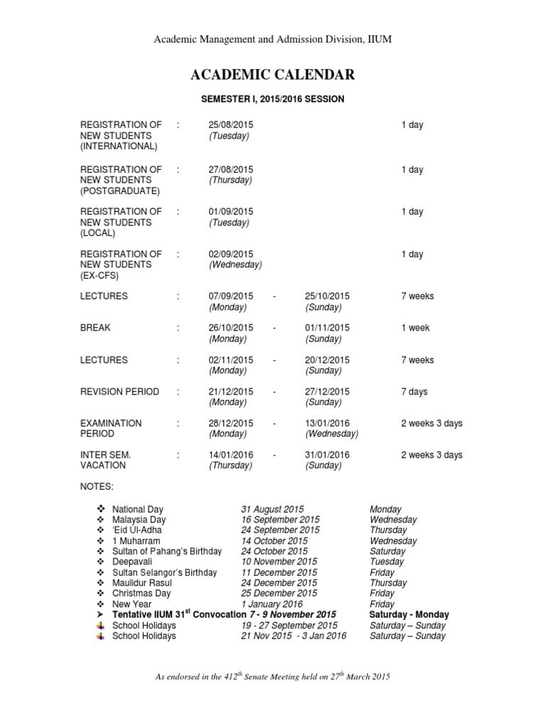 IIUM Academic Calendar 2015/2016 PDF Academic Term Educational