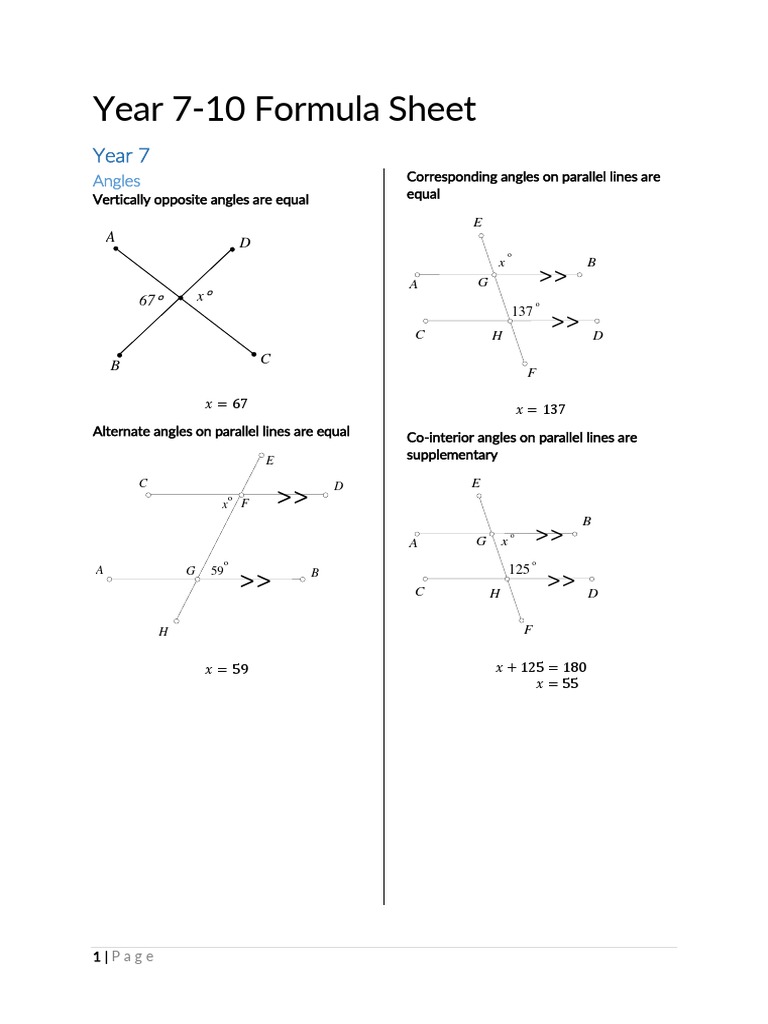 Year 7-10 Maths Formula Sheet | PDF | Area | Rectangle