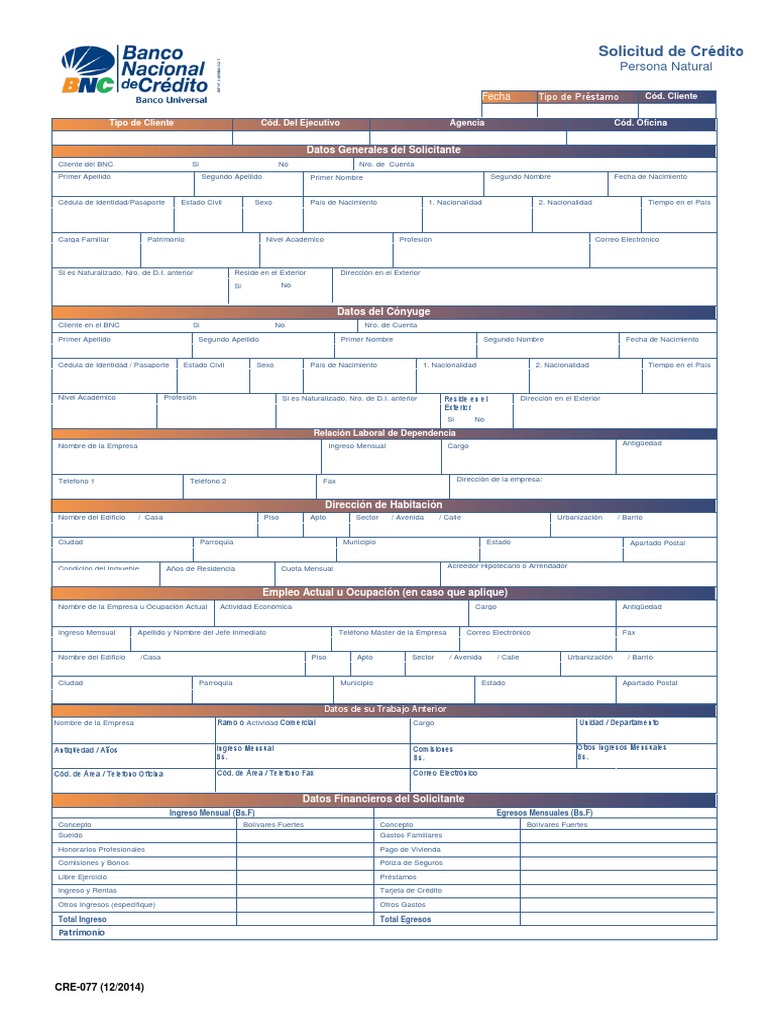Planilla de Solicitud de Credito BNC Notilogía Crédito