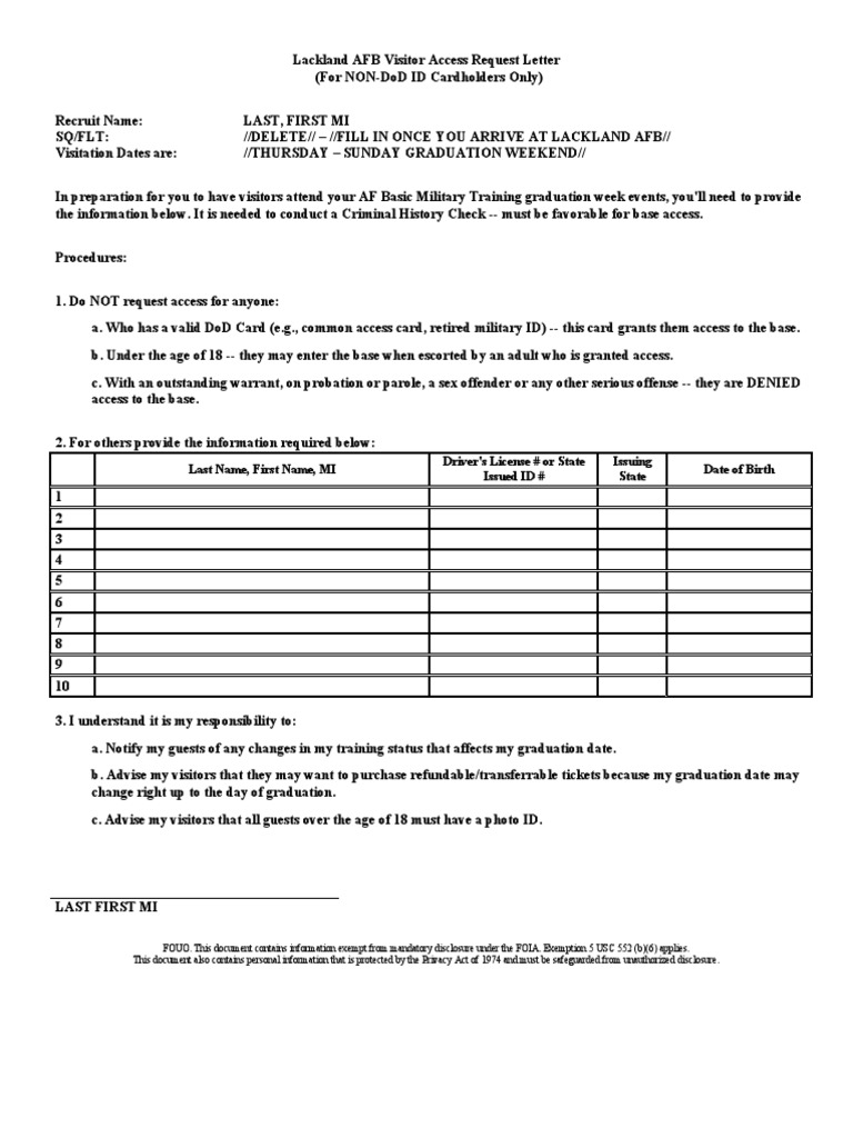 Lackland AFB Visitor Access Request Letter PDF Criminal Record