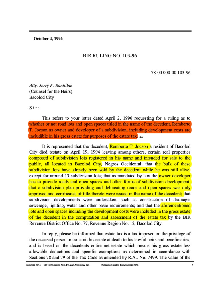 3 BIR Ruling 103-96 | PDF | Taxation In The United States | Estate Tax ...