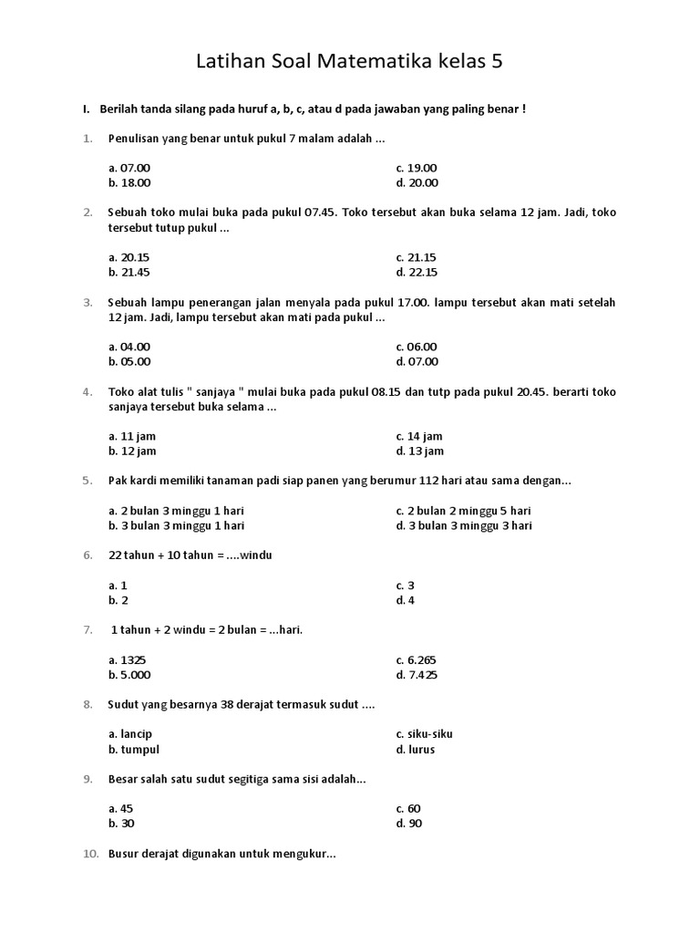 Latihan Soal Matematika Kelas 5 Pdf