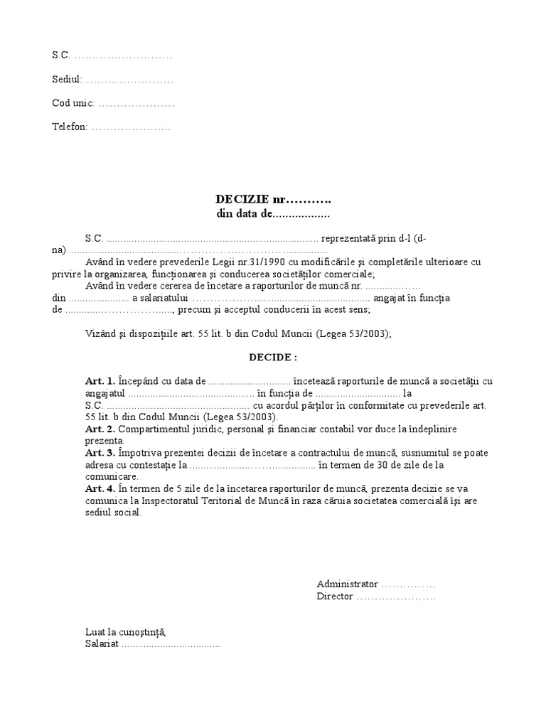 Decizie Incetare Contract De Munca Art 55 Lit B