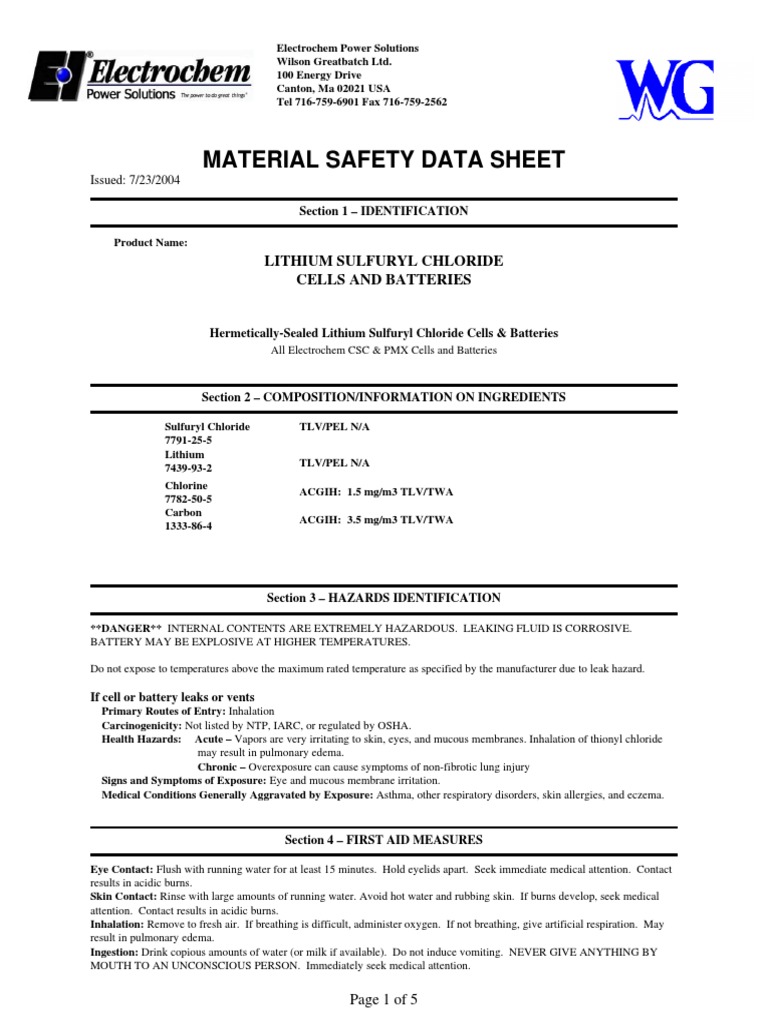 MSDS Electrochem PMX 150165C Lithium Battery MSDS 07.23.04 PDF