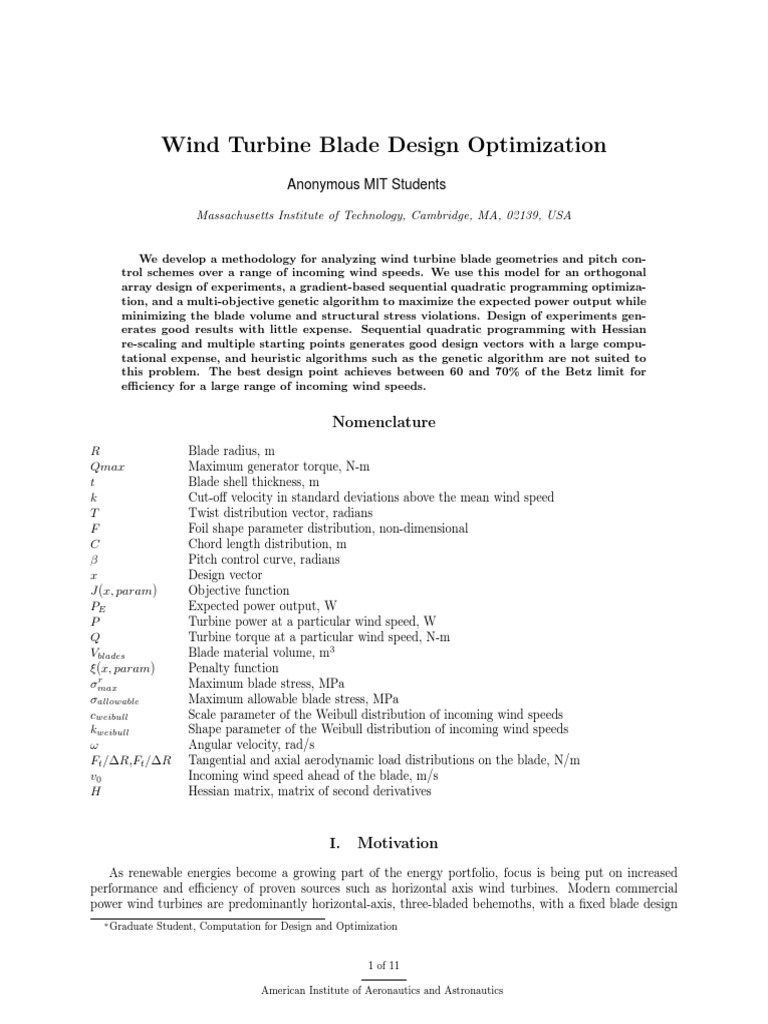 2010 MIT Wind Turbine Blade Design Optimization | PDF | Technology ...