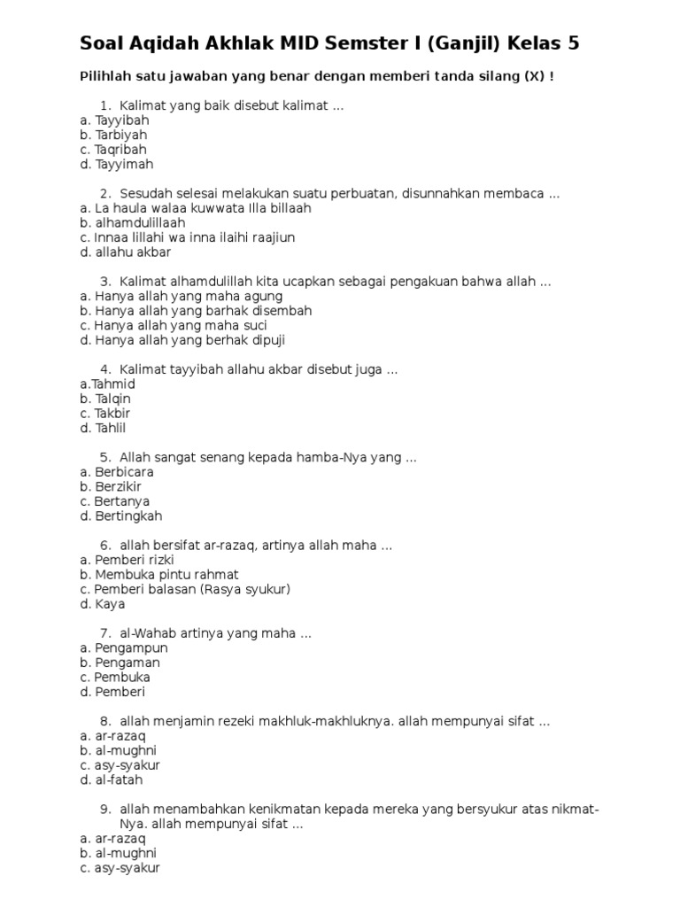 Soal Aqidah Akhlak Mid Semester I Ganjil Kelas 5