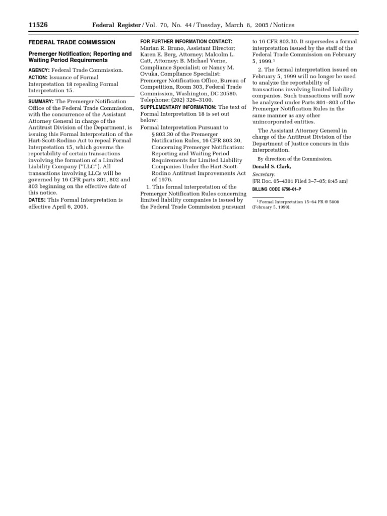 Notice: Premerger Notification Reporting and Waiting Period ...