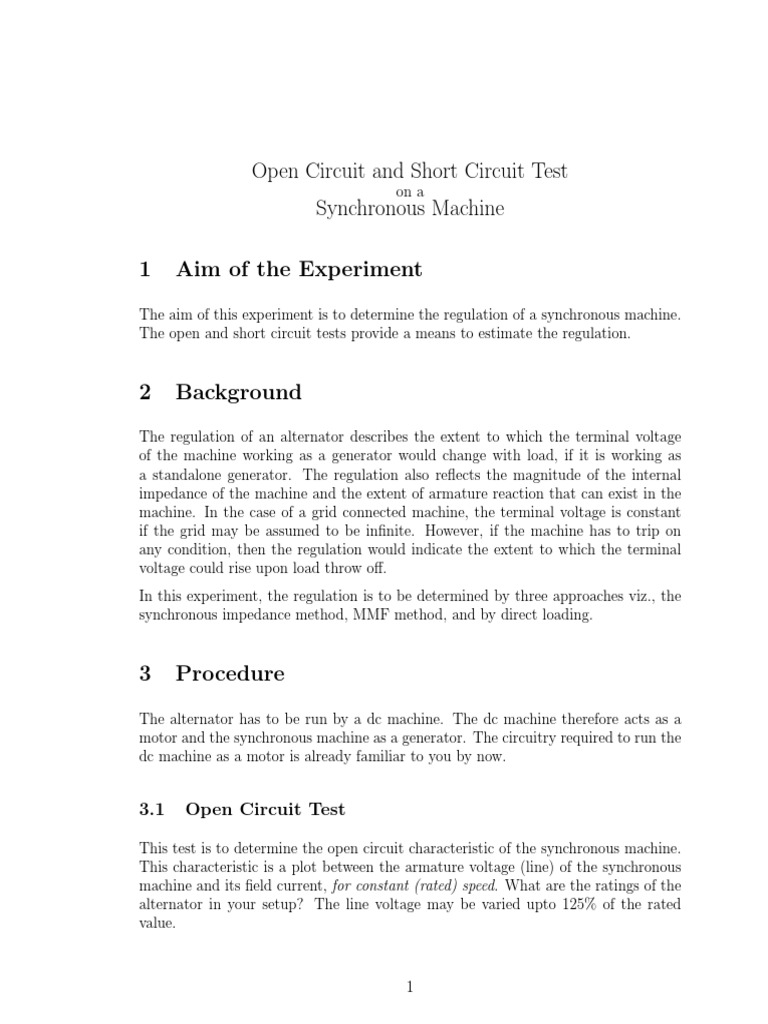 Open Circuit and Short Circuit Test Synchronous Machine PDF