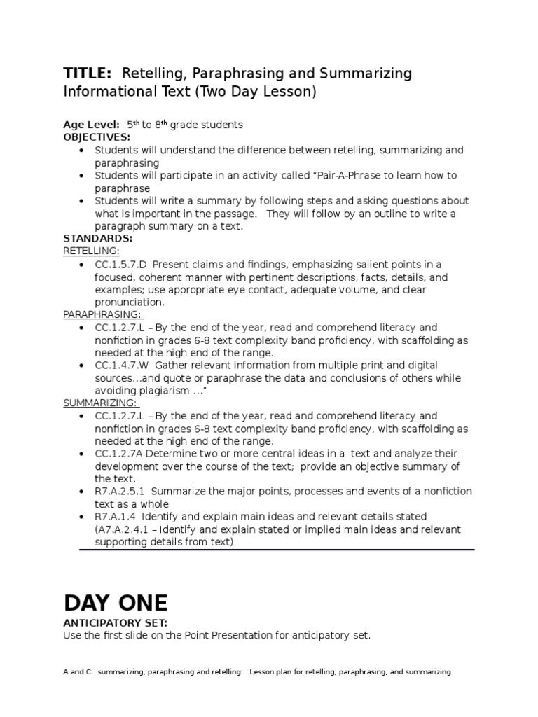 Paraphrasing and Summarizing Lesson Plan | PDF | Lesson Plan | Cognition