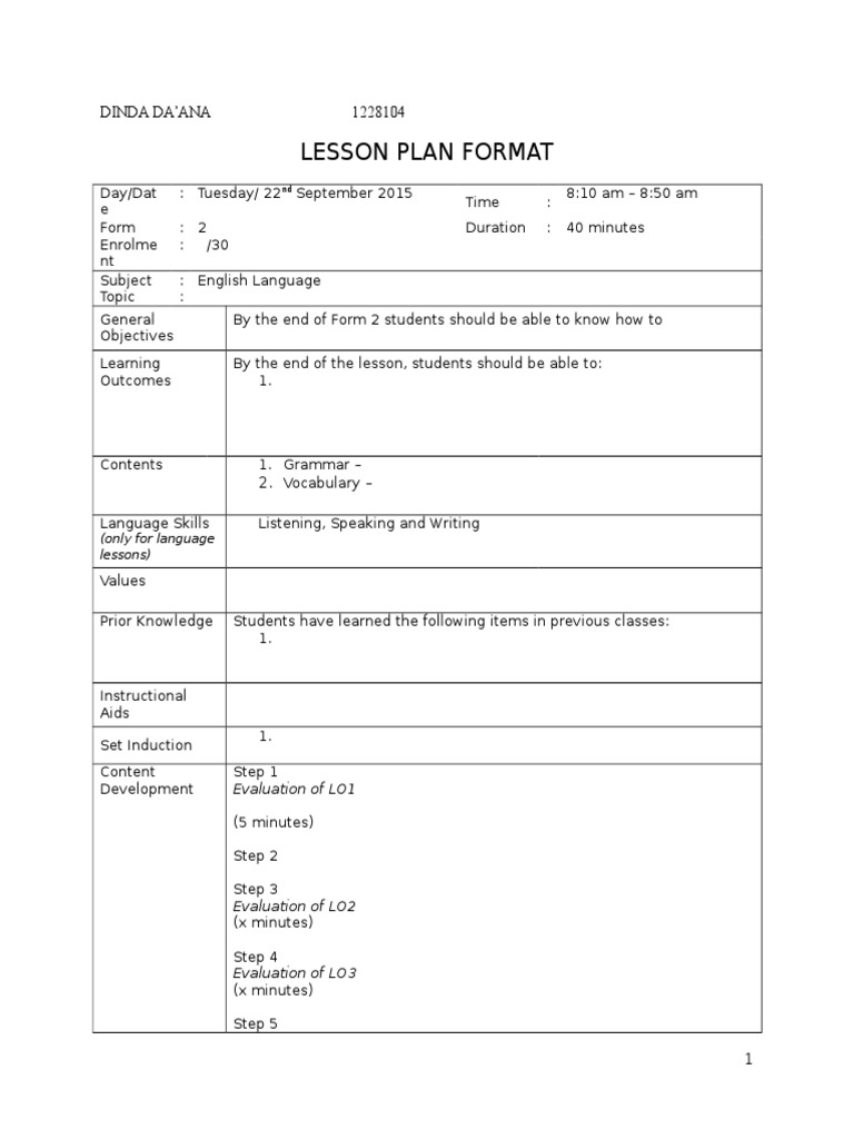 English Lesson Plan for Form 2 | PDF